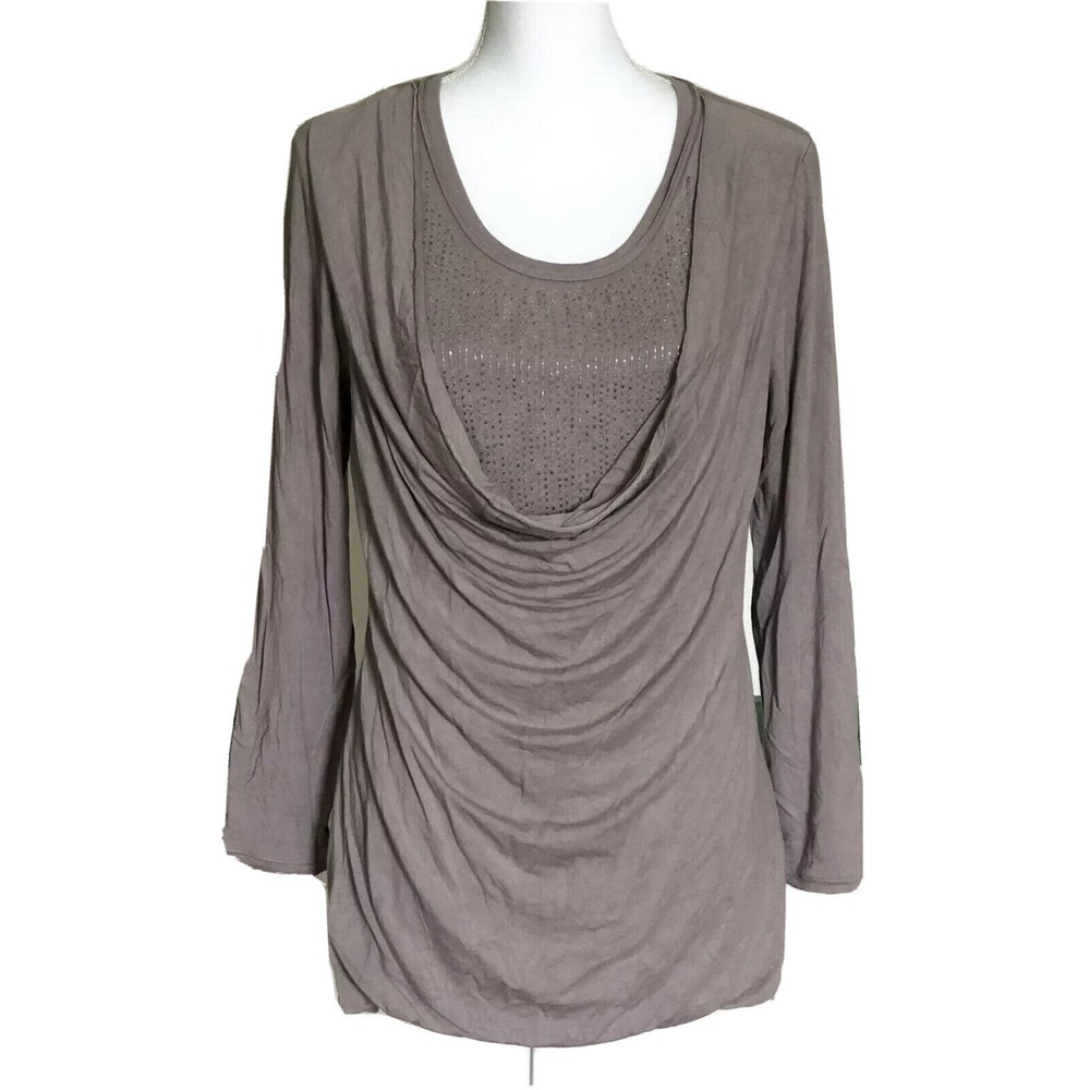 Soft Surroundings Women's Long Sleeve Draped Embellished Blouse Petite Medium